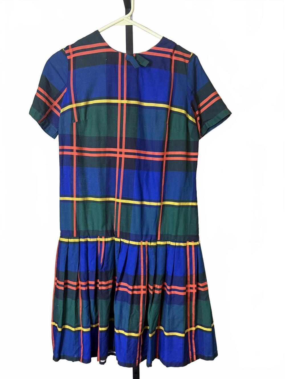 60s Women's Short Sleeve Plaid Dress Cotton Handmade